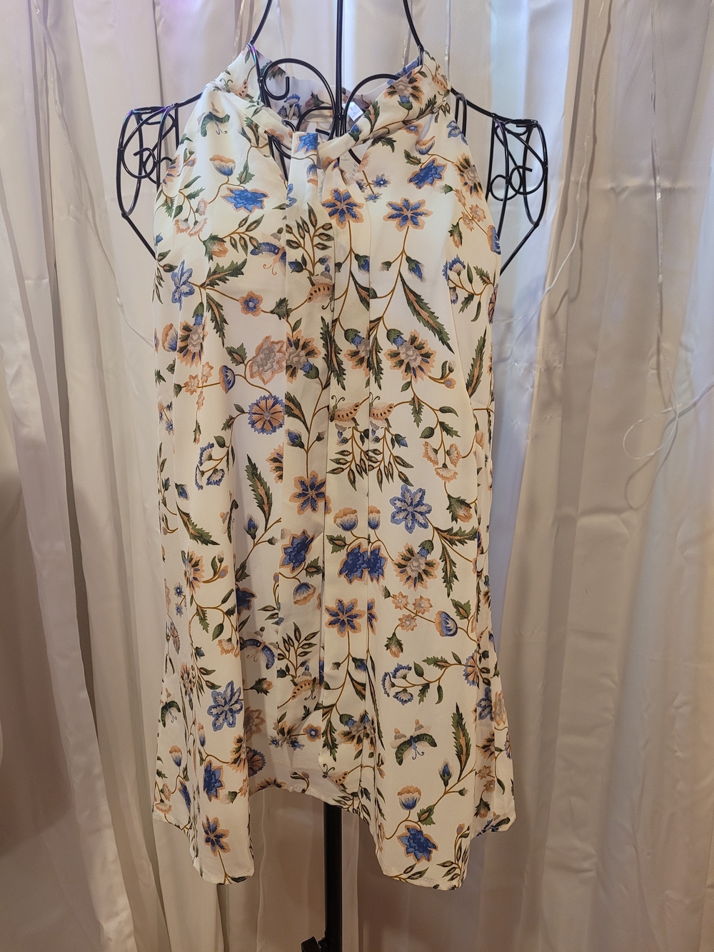 Women's Floral Halter Camisole Tank - Cream with Blue & Green Print